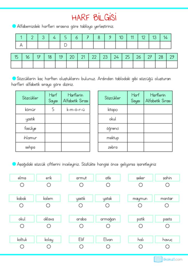 3. Sınıf Harf Bilgisi Çalışma Sayfası -1- | Sınıf Öğretmenleri İçin