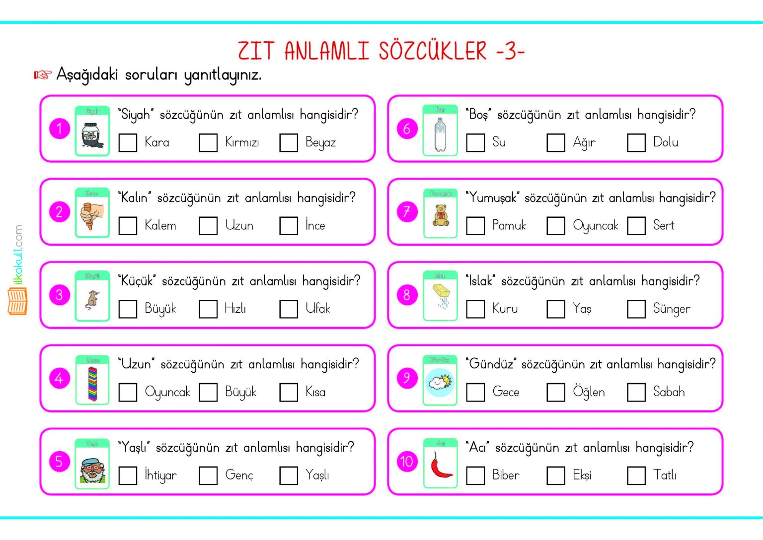 1. Sınıf Zıt Anlamlı Sözcükler -İnteraktif Değerlendirme ve PDF