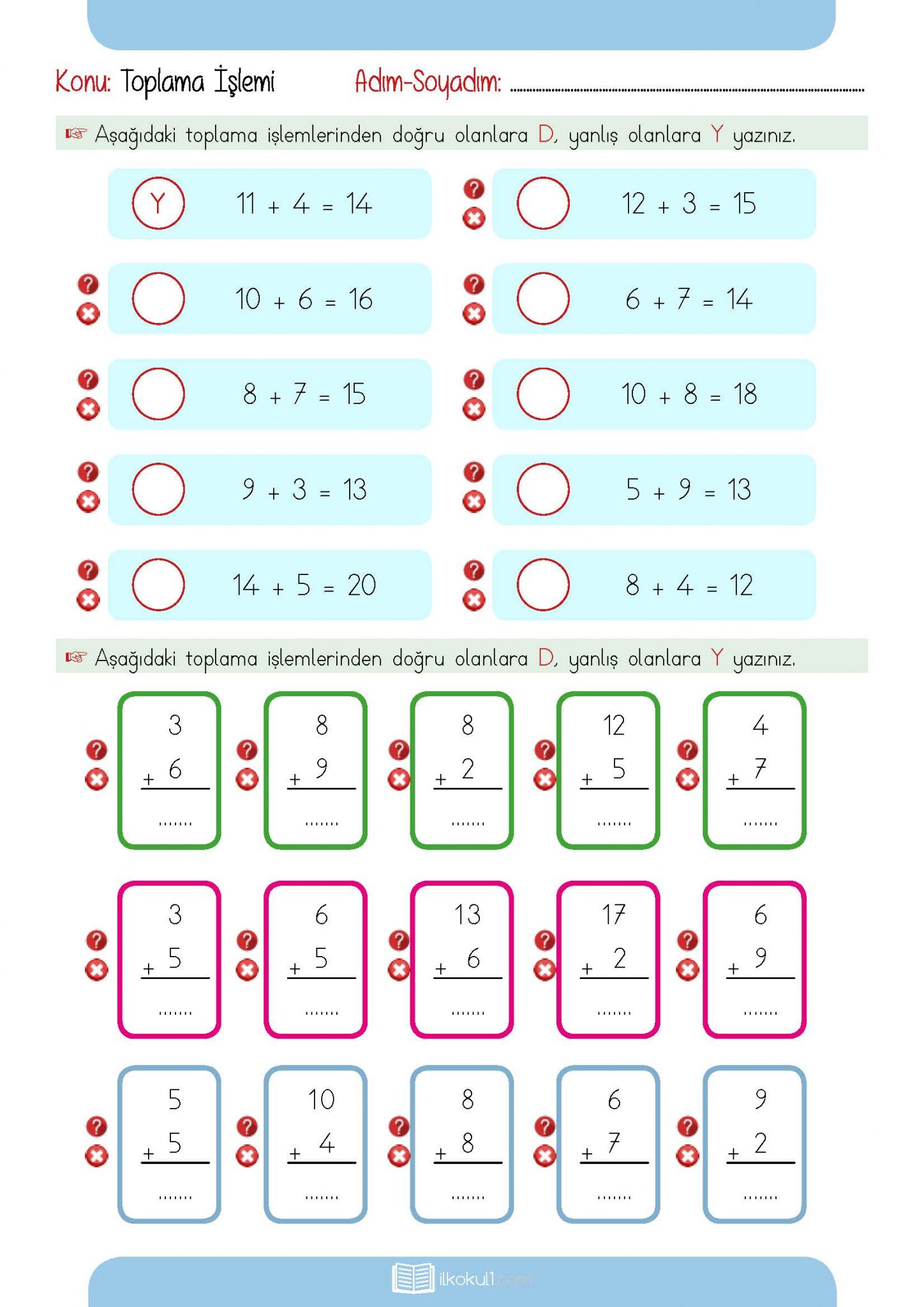 1. Sınıf Matematik Toplama İşlemi Etkinlik Sayfası | Sınıf Öğretmenleri